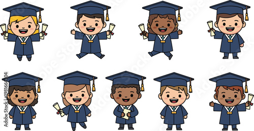 Collection of cute, cartoon-style diverse children and young adults in graduation caps and gowns holding diplomas.