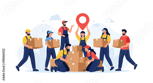 Team of professional movers and delivery workers wearing uniforms are organizing cardboard boxes around a large red location pin.