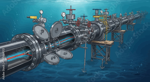 Underwater pipeline infrastructure, cutaway view showing internal components and subsea system.