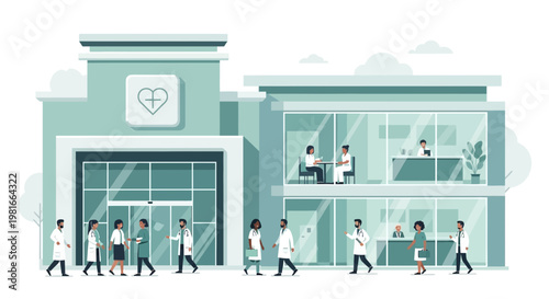 Modern hospital building exterior with doctors and patients walking, healthcare concept