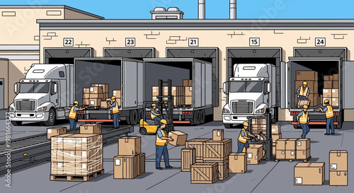 Warehouse loading docks with trucks and workers unloading packages, logistics and delivery concept