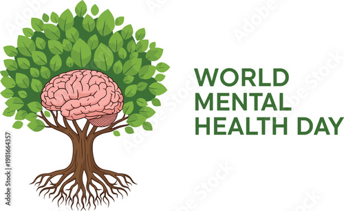 World mental health day concept with a human brain shaped like a tree crown representing psychological wellbeing