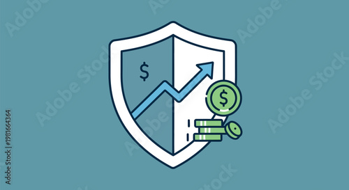 A shield with a growing graph and money symbols represents financial security and growth.