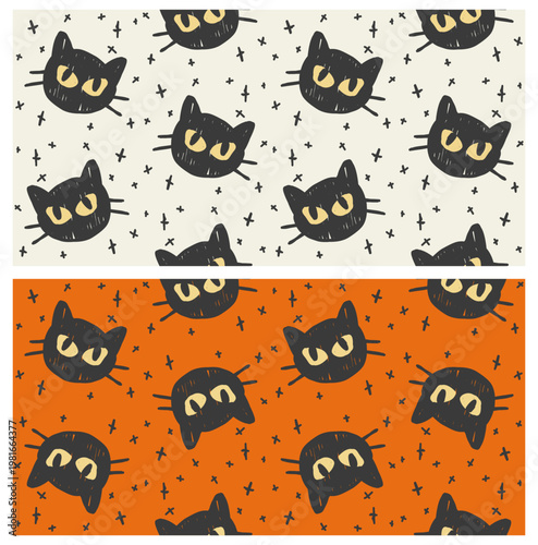 Halloween Black Cat Seamless Pattern, Hand Drawn Spooky Kitten Background for Wallpaper and Textile Design