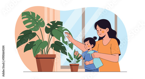 Mother and her young daughter care for indoor houseplants together by wiping leaves and spraying water in a cozy room.