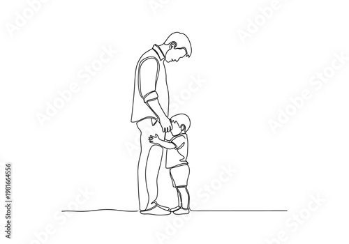 Continuous Line Art of Father and Young Son Hugging Leg, Minimalist Parenting and Fatherhood Concept Illustration
