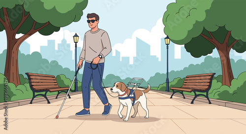 Visually impaired man is walking safely through a beautiful city park using a white cane and the assistance of his guide dog.
