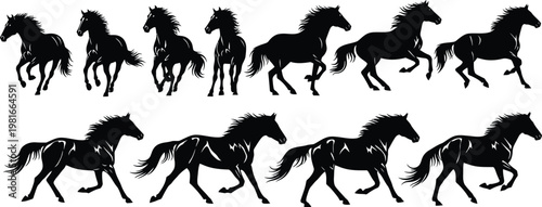 Black silhouette horses running in different poses and gaits galloping trotting
