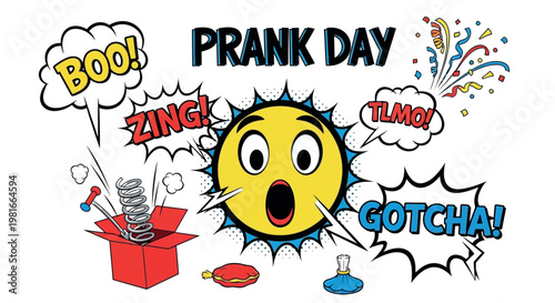 A colorful illustration celebrating Prank Day with a surprised emoji and playful speech bubbles