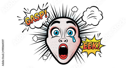 A cartoon face with a shocked expression and comic book-style speech bubbles