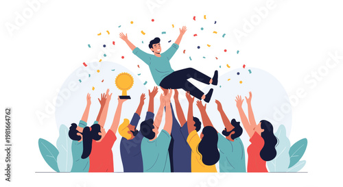 Enthusiastic team of people is celebrating a victory by tossing their colleague in the air after winning a gold trophy and success.
