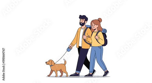 Young couple carrying backpacks is enjoying a nature walk while taking their brown dog for a stroll on a leash outdoors.