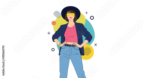 Confident and stylish young woman poses in a fashionable outfit including a hat, sunglasses, blazer, and jeans against colorful shapes.