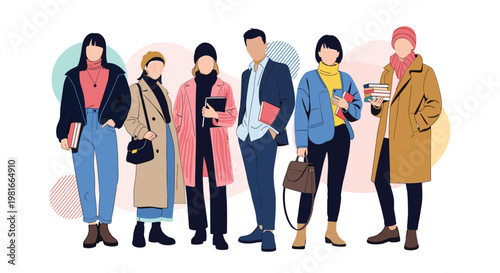 Diverse group of young men and women in stylish winter and autumn clothes are standing together with books and bags.