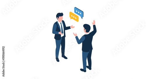 Two professional businessmen in suits are having a serious discussion or exchange of ideas shown by floating speech bubbles.