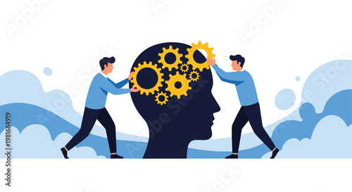 Two technicians are working together to maintain and repair golden gears inside a massive human head silhouette representing a brain.