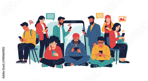 Large group of diverse people are sitting and standing while being completely absorbed in their smartphones for social media and apps.