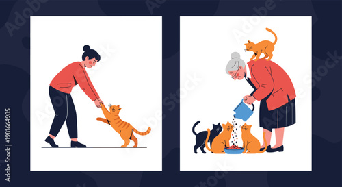 Composite illustration showing a young woman playing with her cat and an elderly woman feeding several stray or pet cats.