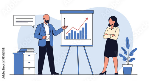 Businessman is explaining a positive growth chart on a flipchart during a formal presentation to a female colleague in a clean office.