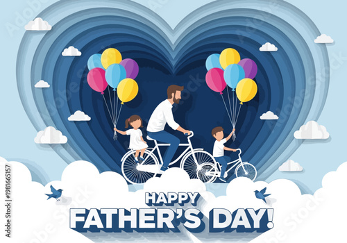 Happy Father's Day Paper Cut Style Illustration with Dad and Children Riding Bicycles and Holding Balloons in a Blue Heart Frame