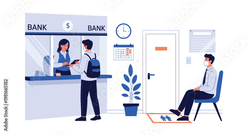 Customers and bank staff are wearing protective masks while interacting at service counters inside a modern bank branch for safety.