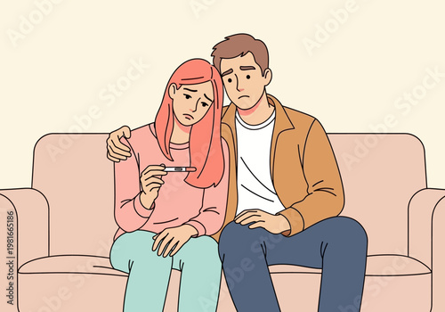 Sad Couple with Negative Pregnancy Test Sitting on Sofa, Infertility and Family Planning Concept Art Illustration