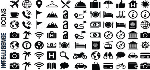 A set of vector business icons and web design signs featuring computer service symbols, travel hotel bed illustrations, and car silhouette internet icons for phone or book applications