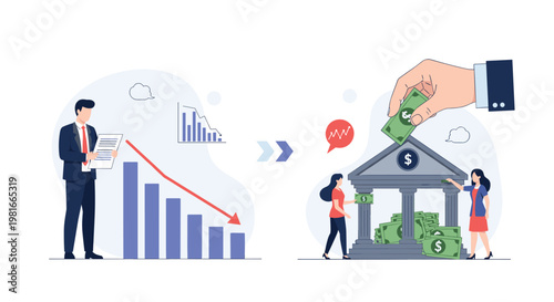 Conceptual illustration shows a businessman worried about a falling economic graph while a giant hand saves money into a bank building.
