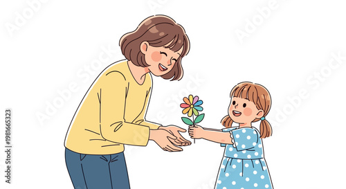 A woman and a little girl exchanging a colorful flower in a heartwarming moment of connection and affection.