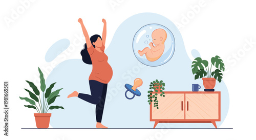 Joyful pregnant woman dances happily in her living room while an illustration of a developing fetus and a pacifier float in the air beside her.