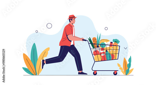 Enthusiastic man in a hat and casual clothes runs quickly while pushing a shopping cart filled with fresh fruits and various grocery items.