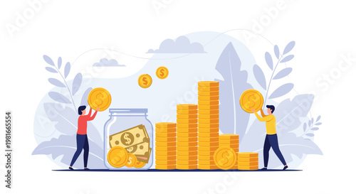 Tiny characters work together to save money by putting large gold coins into a glass jar and building high stacks of coins as a financial graph.