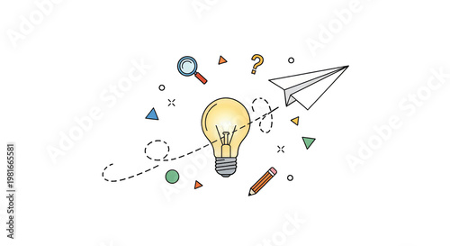Creative Idea Generation: Lightbulb, Paper Plane, Magnifying Glass, Pencil, Question Mark