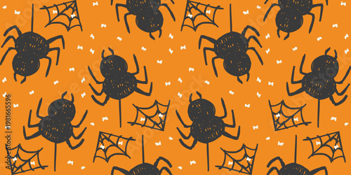Spooky spider and cobweb seamless pattern for Halloween background hand drawn vector illustration on orange