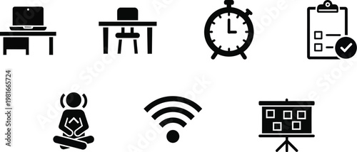 Office productivity and remote work icon set minimal black vector illustration