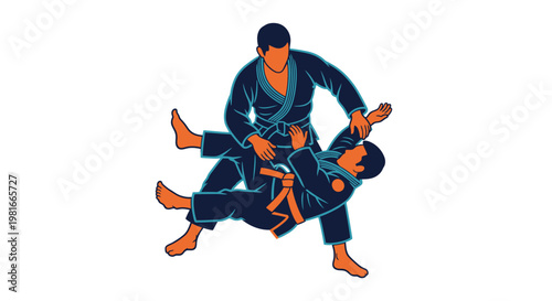 Brazilian Jiu Jitsu Fighters Sparring Vector Illustration, Martial Arts Grappling Match Graphic for Sports Training and Combat Fitness Club Branding