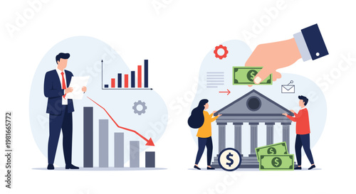 Split illustration depicts a businessman looking at a falling financial chart next to a giant hand depositing money into a bank building.