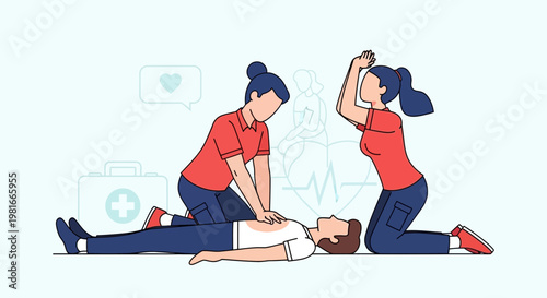 CPR training, emergency medical, resuscitation technique, life support, health care illustration