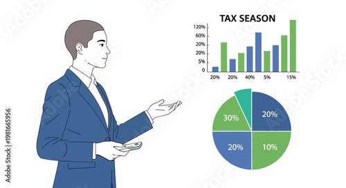 A businessman in a blue suit presents tax season data with a bar graph and pie chart