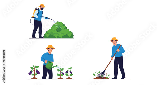 Group of farmers actively engage in agriculture by spraying pesticides, watering eggplant crops, and raking soil in a well-maintained field.