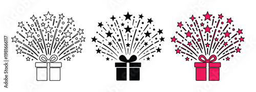 Celebration gift box icons with exploding stars, festive surprise present vector set, birthday fireworks and holiday gift box illustrations