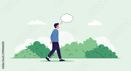 Thoughtful man in casual clothes walks slowly through a lush green park with a blank thought bubble floating above his head.