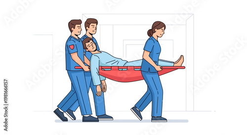 Medical Team Carrying Patient on Stretcher to Hospital Entrance