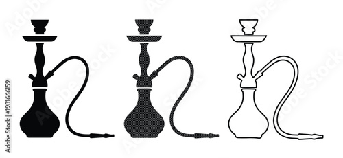Hookah shisha vector icons set, black silhouette and outline water pipe illustrations, traditional middle eastern smoking equipment for lounge menus