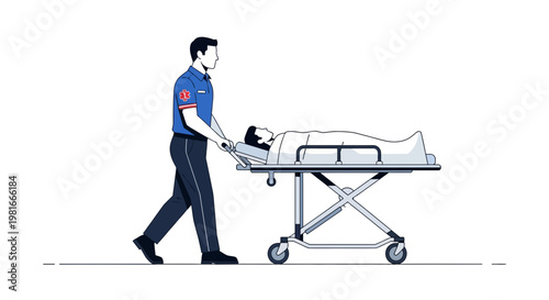 Paramedic Pushing Patient on Stretcher - Medical Emergency Transport Illustration