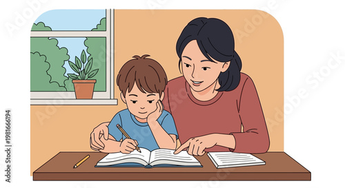 Mother Helping Son with Homework, Learning Together at Desk
