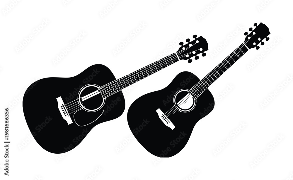 Fototapeta premium Acoustic guitar silhouette vector set, black musical instrument icons on white background, folk and country music equipment graphics