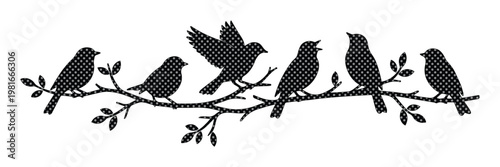 Black bird silhouettes on tree branch, decorative songbird vector illustration, nature wildlife border with six birds and leaves on white background