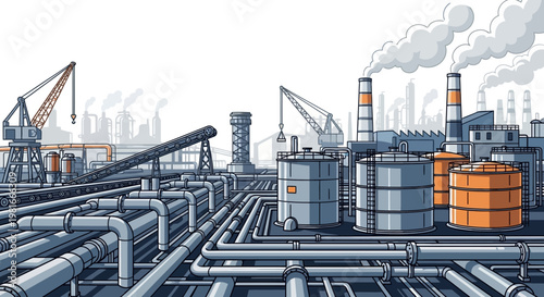 Industrial complex with pipelines, storage tanks, and smoking chimneys