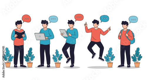 Set of five young male characters in casual clothes are shown in different activities including reading, using a laptop, and jumping for joy.